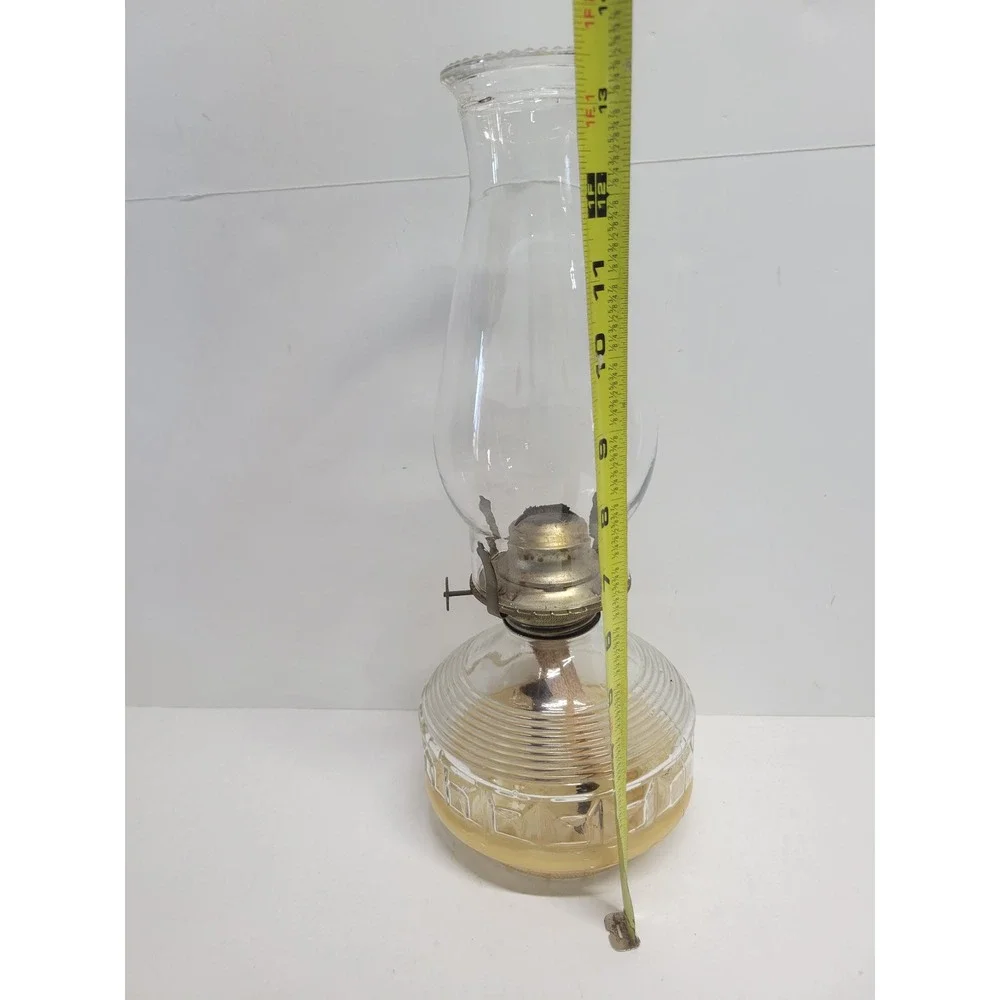 Vintage Clear Glass Oil Lamp Ribbed Geometric Base‎ Hurricane Chimney 13.5 Inch